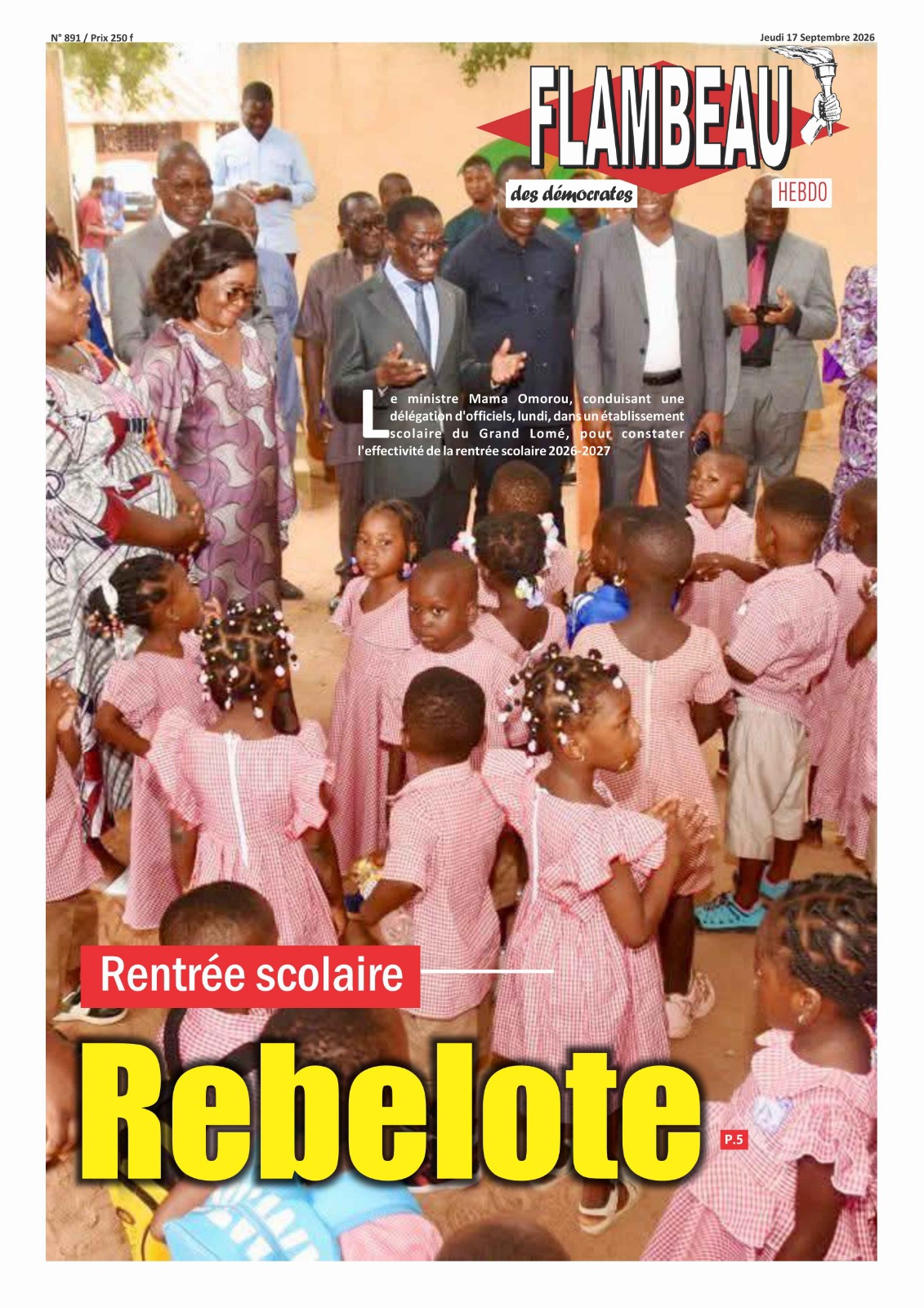 La Une du journal Flambeau des Démocrates, parution N°891 du jeudi 17 septembre 2026